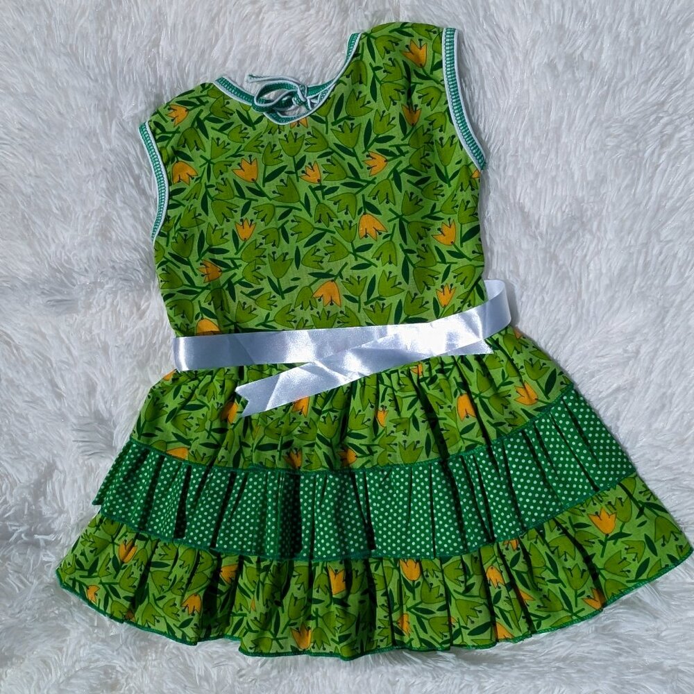 Green Garden Charm: Sleeveless Floral & Polka Dot Dress for Girls - Picture 4 of 4